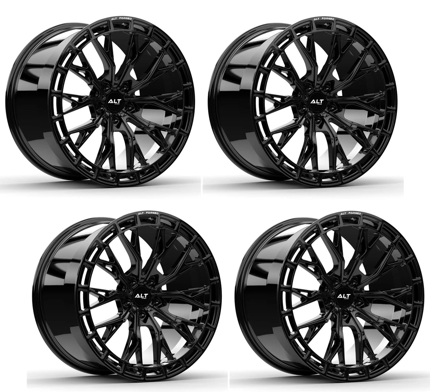 Four black forged alloy wheels for C6-C7 Corvettes with 'ALT RSL-10' branding on a white background