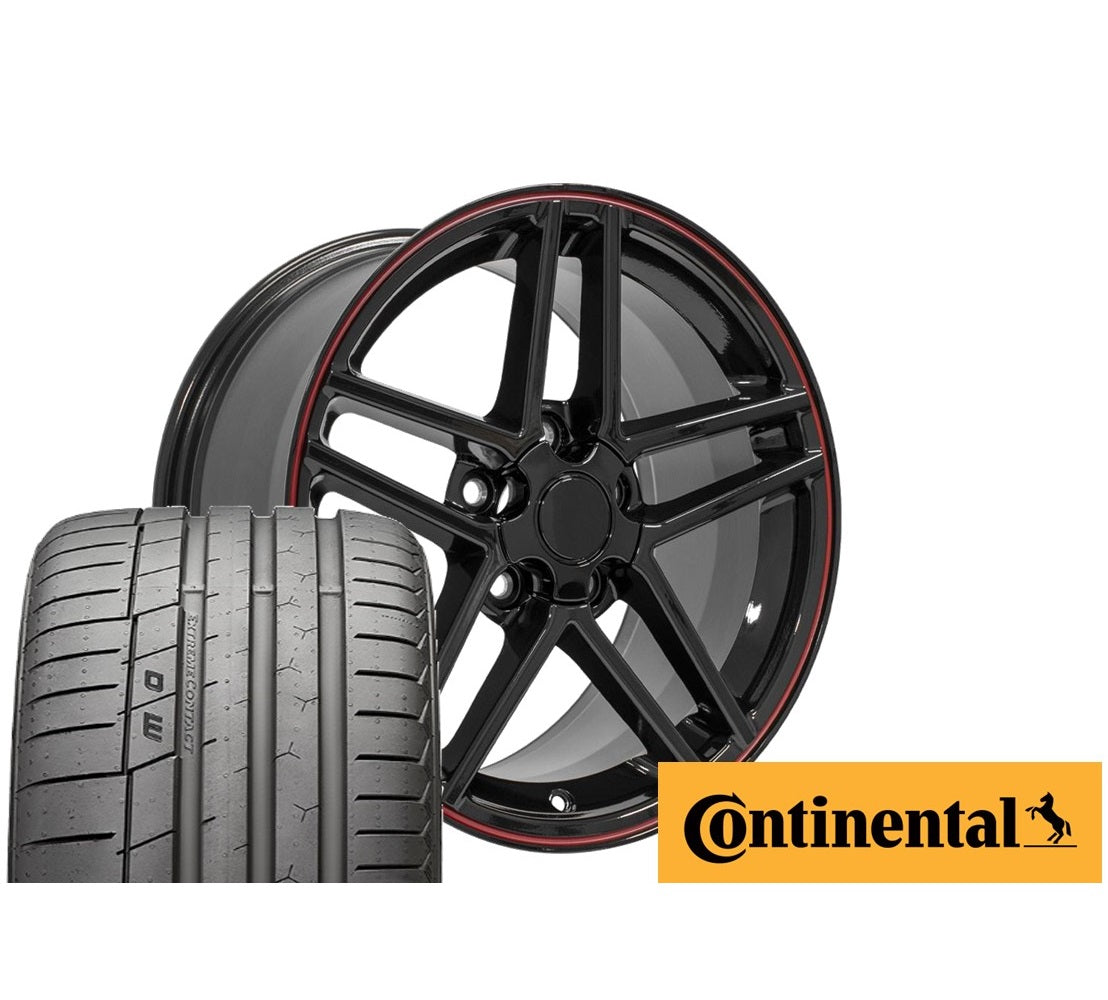 C6 Corvette Z06 Replica Wheel & Tire Combo Package - Gloss Black Red Line