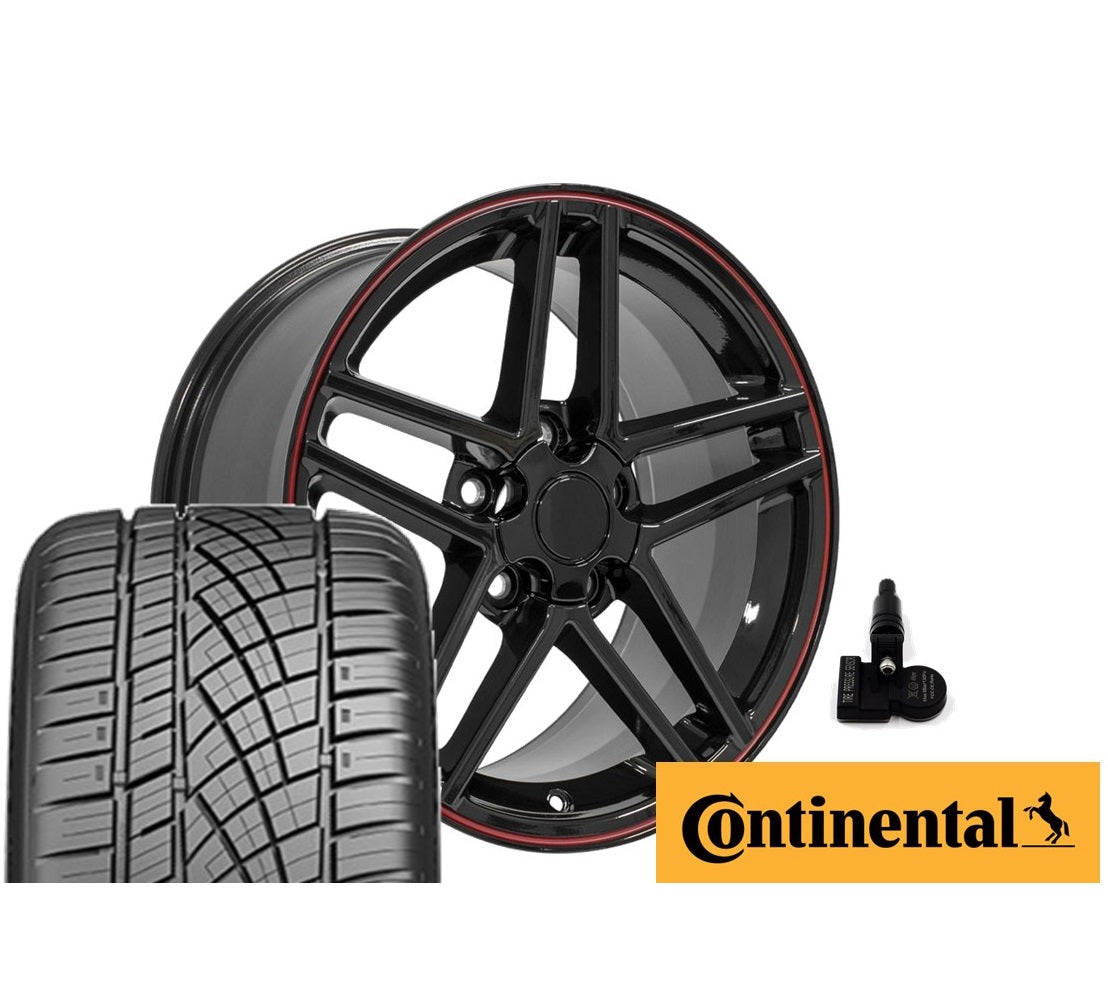 C6 Corvette Z06 Replica Wheel & Tire Combo Package - Gloss Black Red Line
