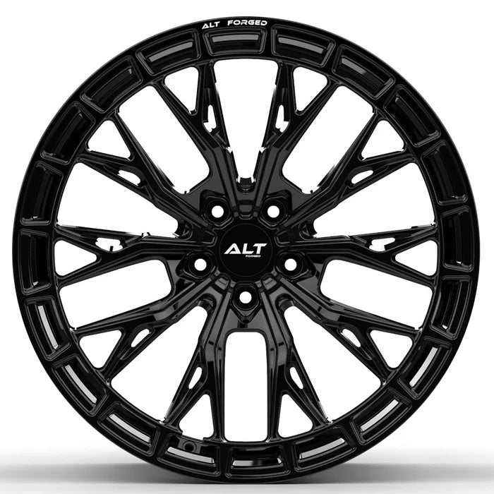 Black forged alloy wheels for C8 Corvettes with 'ALT RSL-10' branding front view