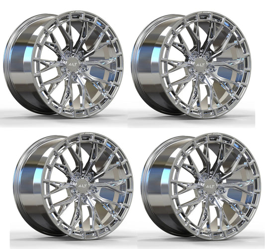 Set of four chrome C6-C7 Corvette Wheels: ALT RSL-10 FORGED wheels on a white background