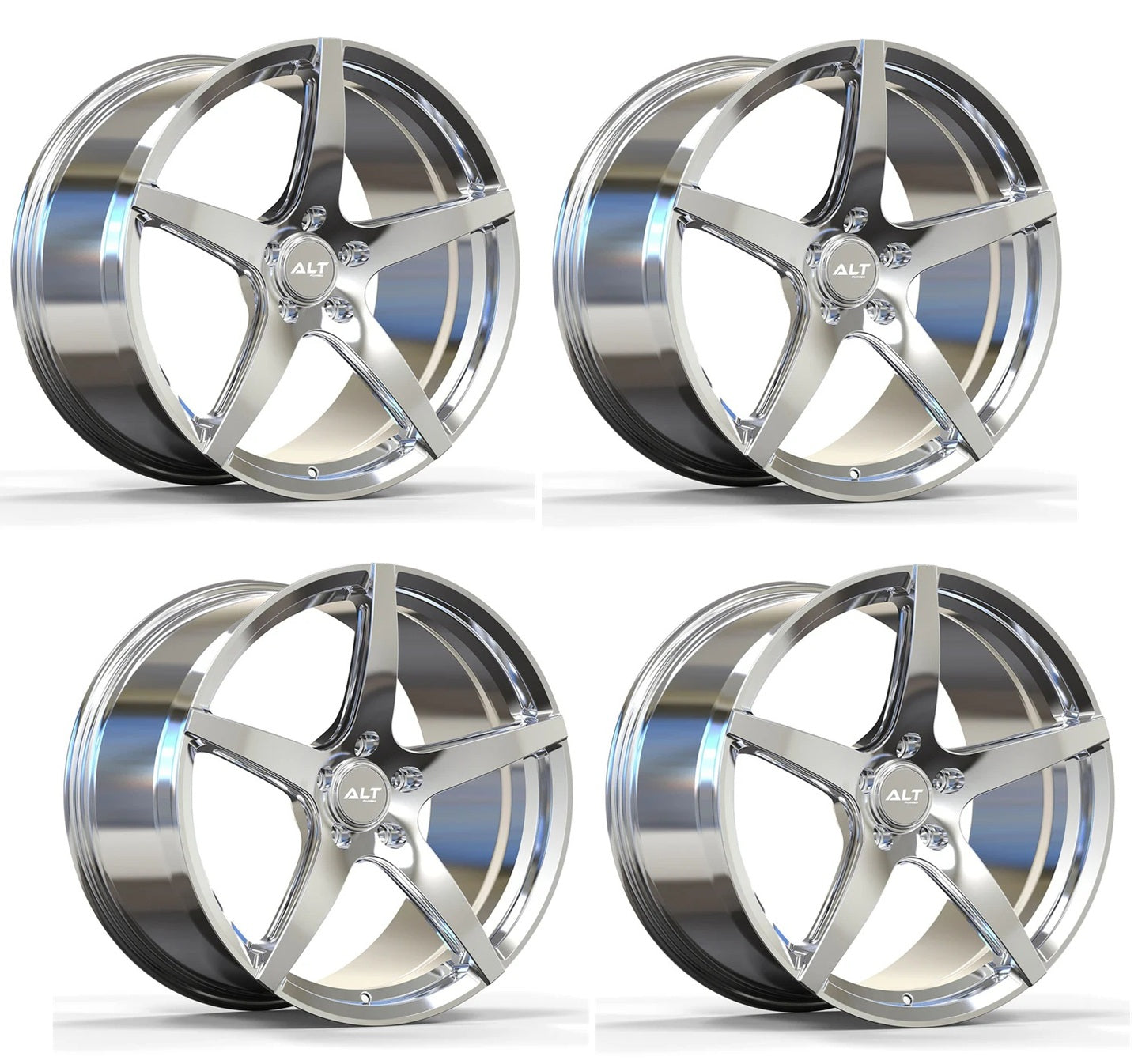 Four shiny chrome alloy wheels on a reflective white surface