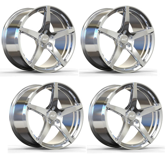 Four shiny chrome alloy wheels on a reflective white surface