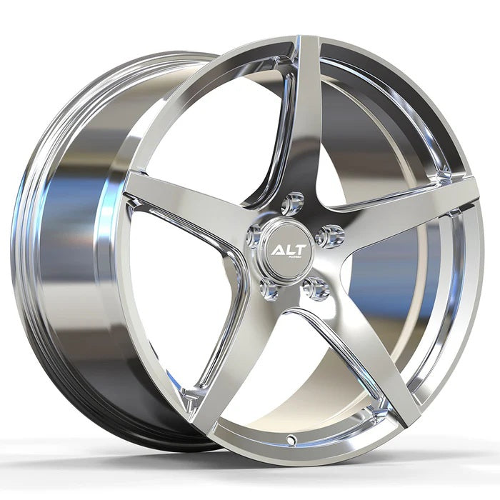 Chrome alloy wheel with 'ALT25' branding on a white background