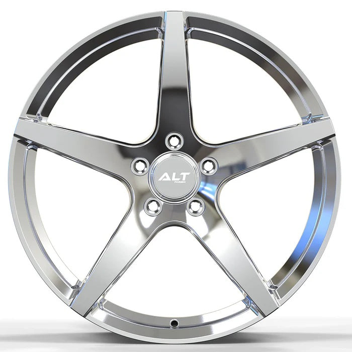 Chrome car wheel rim with 'ALT25' branding on a white background for C6 and C7 Corvette