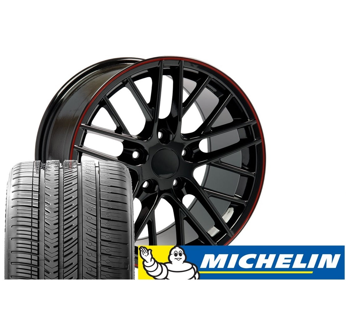 C6 Corvette ZR1 Replica Wheel/Tire Combo for C4 - Gloss Black Red Line (Set)