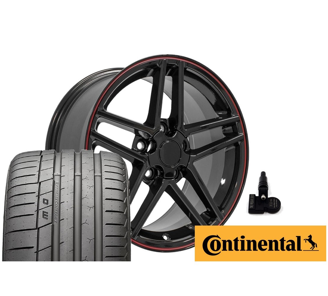 C6 Z06 Corvette Replica Wheel & Tire Package for C5 Corvettes - Gloss Black Red Line