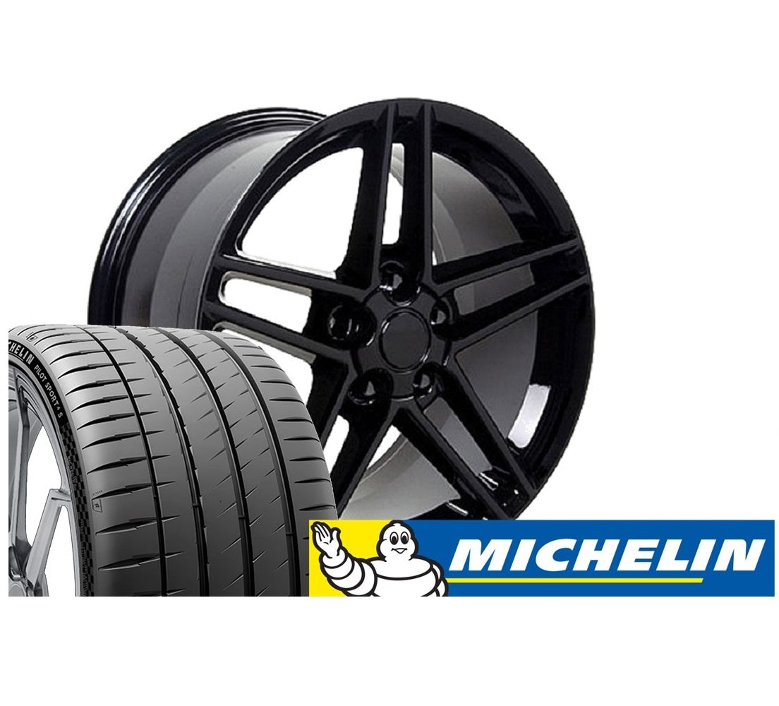 C6 Z06 Corvette Replica Wheel & Tire Package - Gloss Black Set for C4 Corvette