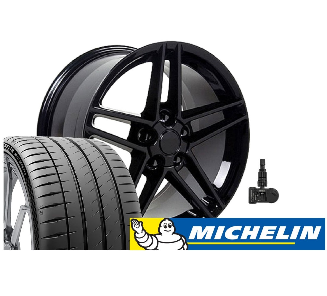 C6 Z06 Corvette Replica Wheel & Tire Package - Gloss Black Set for C5 Corvette