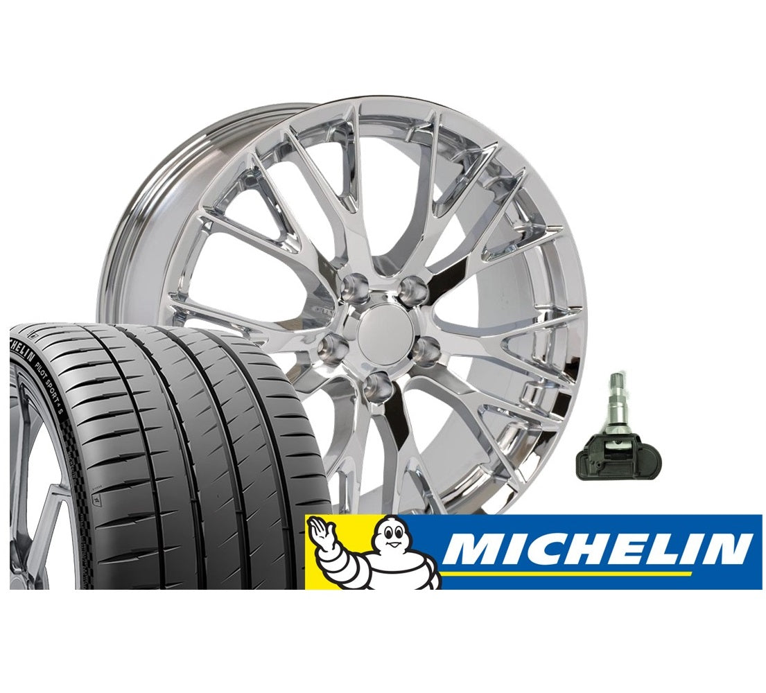 C7 Corvette Z06 Chrome Replica Wheel & Tire Package Michelin Pilot Sport 4S Tires - Complete Set for C5