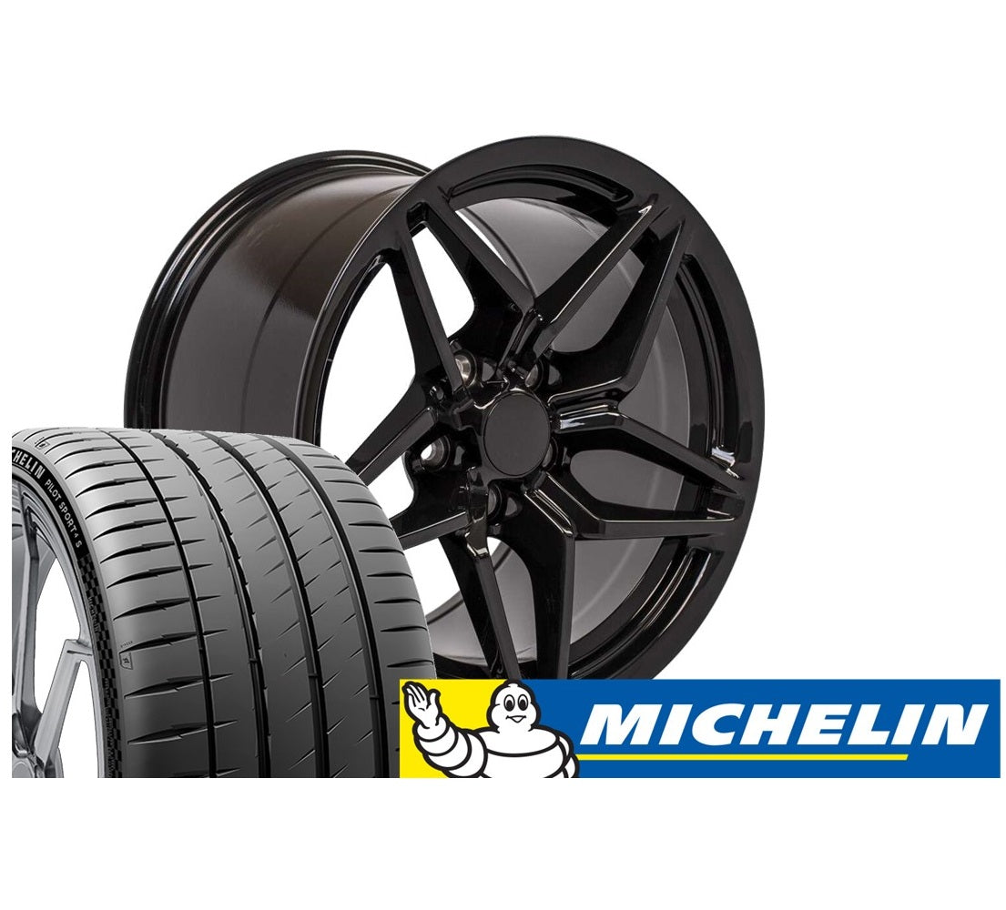 C7 ZR1 Corvette Replica Wheel & Tire Package - Gloss Black for C4 Corvettes