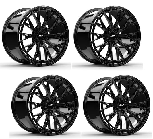 Four black forged alloy wheels for C8 Corvettes with 'ALT RSL-10' branding on a white background