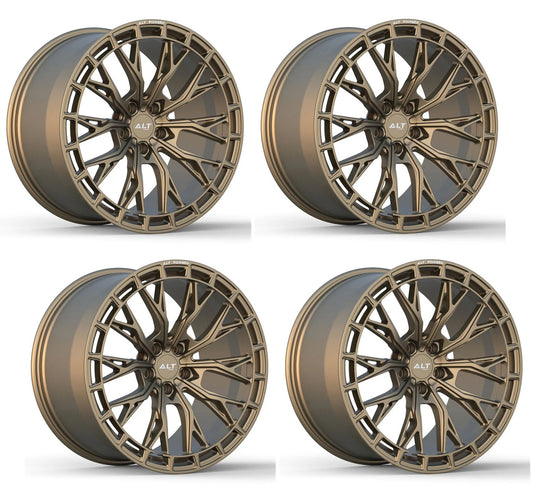 Four bronze forged alloy wheels for C8 Corvettes with ALT RSL-10 Brand on a white background