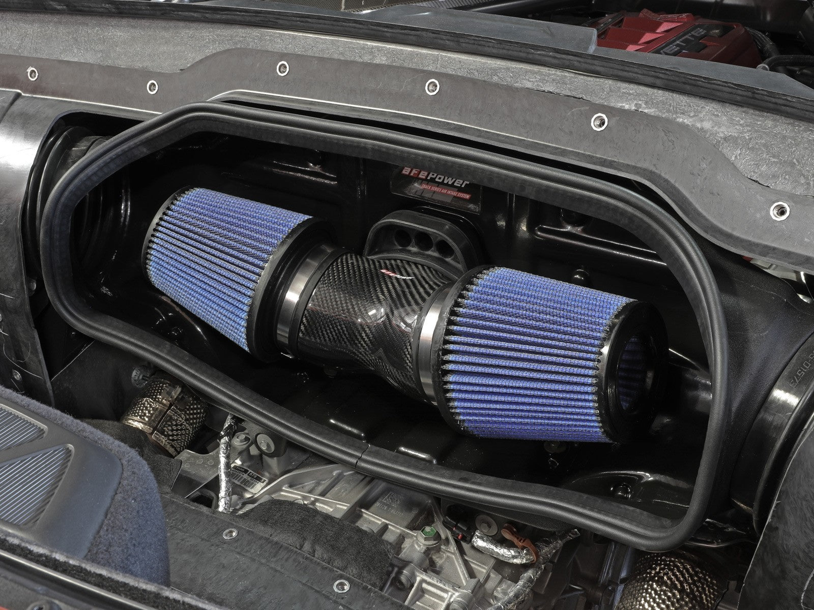 C8 Corvette Carbon Fiber Cold Air Intake System - aFe Power Track Series (installed view)
