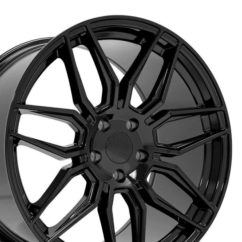 C8 Corvette Z06 Gloss Black Spyder Replica Wheel Close Up View