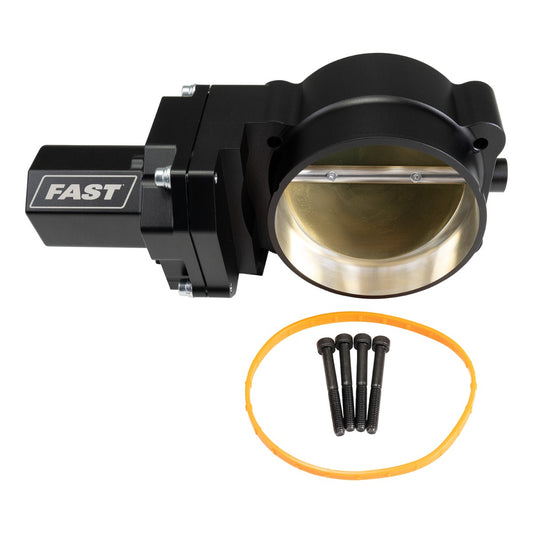 Black throttle body with gold interior and screws on a white background, featuring the FAST brand.