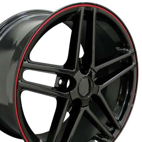C6 Z06 Corvette Replica Wheel - Gloss Black with Red Line close up view