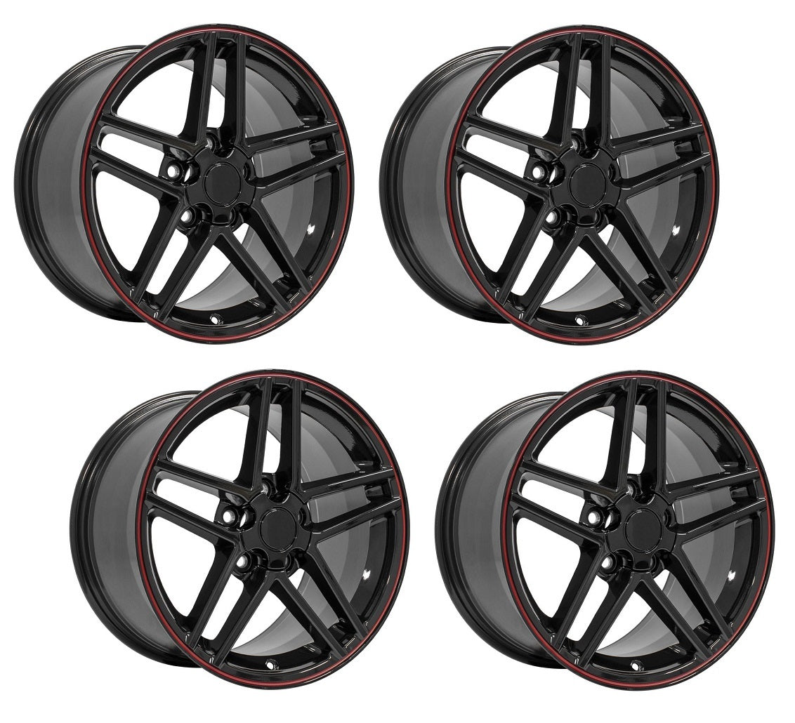 C6 Z06 Corvette Replica Wheels - Gloss Black with Red Line Pinstripe complete set