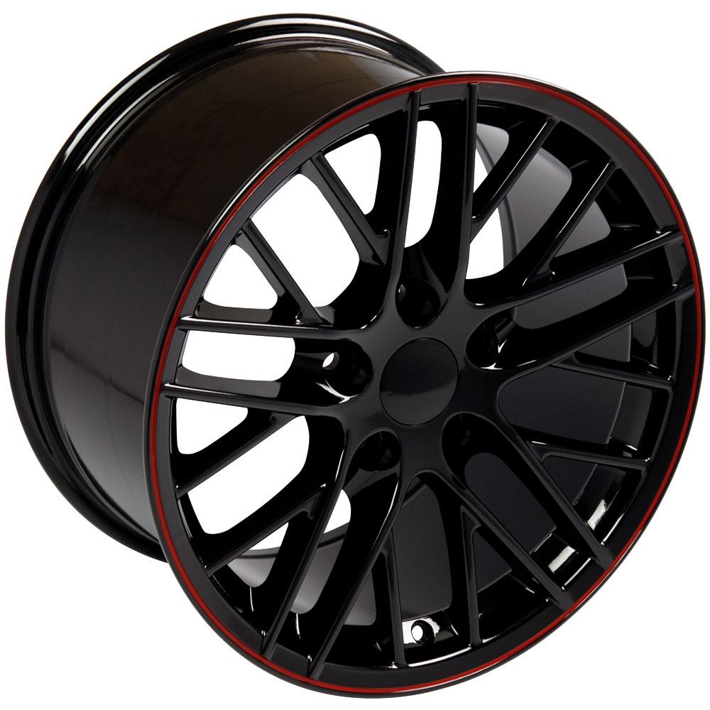 C6 ZR1 Corvette Replica Wheel - Gloss Black Red Line (angled view)